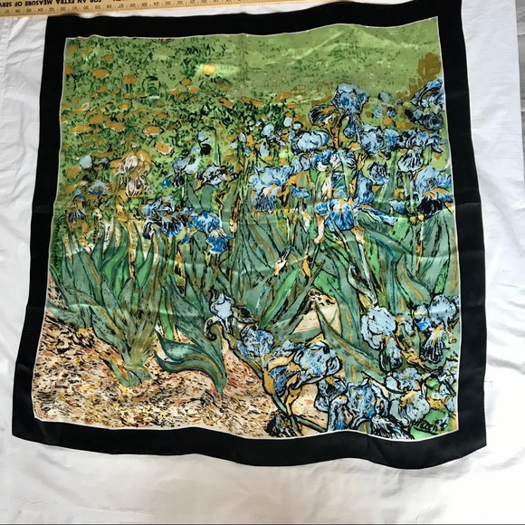 Silk Art Accessories - Silk scarf wrap Van Gogh Irises 34 x 34 blue green